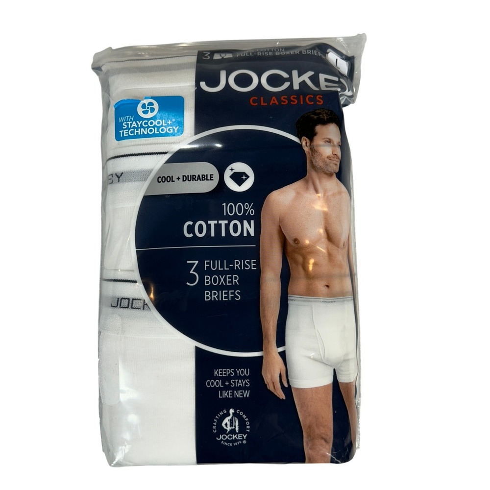 Jockey Classics 3 Pack Full Rise Boxer Briefs White Large 36-38 StayCool+ 9952